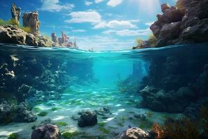 Realistic panoramic view under and above the water. Concept of diving and ecology photo