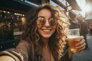 joven atractivo Rizado morena mujer en Gafas de sol participación un vaso de cerveza en el calle y tomando un selfie foto