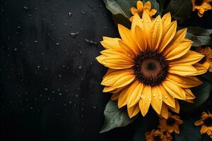 Beautiful sunflowers covered with water drops on a black background top view, floral template flat lay with copy space photo