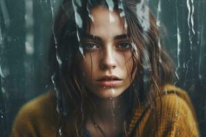 Young charming sad depressed woman. Cracked effect portrait photo