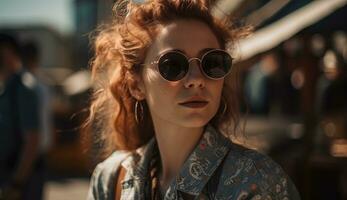 Street portrait of a young stylish redhead woman in round sunglasses and gold earrings on a blurred background photo