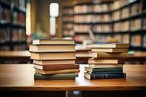 varios libros en un mesa en un biblioteca en un borroso antecedentes de estantería foto