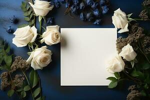 mockup white blank paper sheet with white roses flowers top view on dark blue background, floral template empty card flat lay for design with copy space photo
