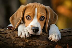 Close up portrait of a cute beagle dog lying on a tree trunk in the forest photo