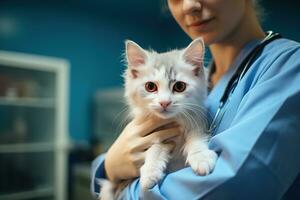 veterinario mujer participación linda adorable mullido gatito en mascota clínica, generativo ai foto