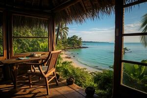 View on a sunshine bay and a beach from inside of a hotel hut on a tropical island. Happy vacation concept photo