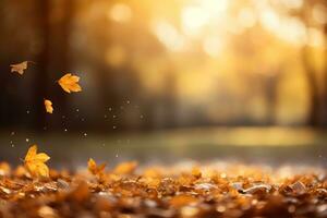 beautiful blurred autumn background with falling yellow leaves with copy space, generative ai photo