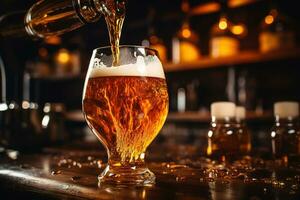 Fresh tasty beer pours from a bottle into a mug on a bar counter photo