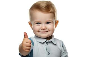 Little adorable boy in a short sleeved gray shirt showing thumbs up on a white background photo