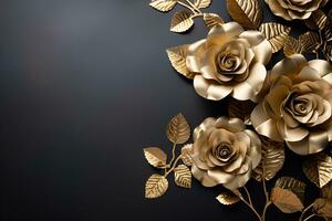 beautiful golden roses on black background top view, floral template with copy space photo