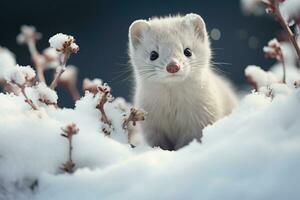 Cute tiny white winter ermine in a snow with dry plants on a blurred snowy forest background photo