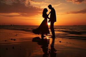 illustration of silhouettes of a man and woman hugging on the seashore against the backdrop of sunset photo