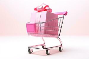 Shopping cart with a big pink gift box with ribbon photo