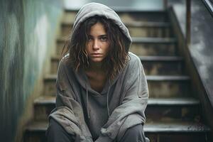 Young depressed teenage woman in a hoodie in a difficult life situation sits on the stairs of social housing photo