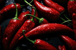 Bunch of ripe red hot chili peppers on black background photo