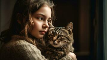 joven linda Rizado niña en un de punto suéter abrazos un linda atigrado gato foto
