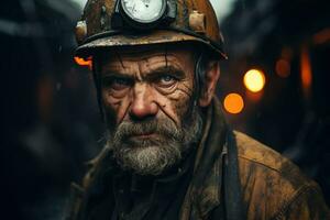 Portrait of an elderly gloomy middle aged miner against a defocused mine background, generative ai photo