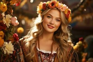 Beautiful Slavic young woman in traditional costume and wreath of flowers photo