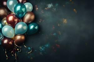 bunch of blue and metallic balloons on a dark background, template for design photo