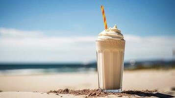 milkshake with whipped cream sprinkled with cinnamon on the sand on the beach under the bright sun photo