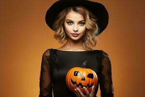 bonito mujer en un bruja sombrero y negro vestir sostiene un haloween calabaza. concepción de Víspera de Todos los Santos foto