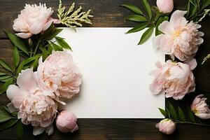 Bosquejo blanco blanco papel sábana con rosado peonías flores parte superior ver en de madera fondo, floral modelo vacío tarjeta plano laico para diseño con Copiar espacio foto