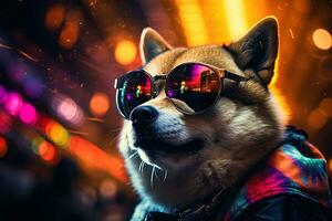 frio y elegante akita inu en un vistoso camisa de entrenamiento y Gafas de sol en un delirio club debajo el fiesta luces foto