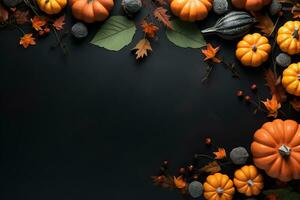 Flat lay view of orange pumpkins and autumn leaves on black copy space background for Halloween or Thanksgiving photo
