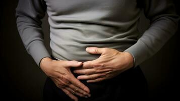 a man holds his hands in the lower abdomen, abdominal pain, no face photo