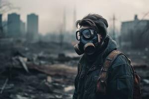 A survivor in a gas mask against the backdrop of a city destroyed after the apocalypse, generative ai photo