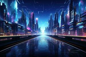 Path on sci-fi virtual polygonal futuristic neon night city street bridge with reflective pavement photo