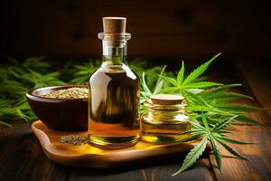 CBD hemp oil in a two bottles and a bowl of seeds on a wooden tray surrounded by hemp leaves on a dark background photo