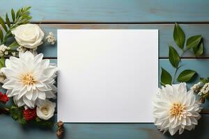 Bosquejo cuadrado blanco blanco tarjeta sábana de papel con blanco dalia flores y hojas en azul de madera antecedentes foto