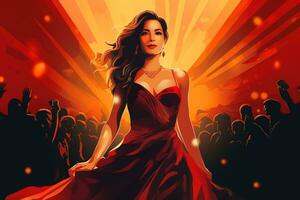 Adorable brunette in a red dress in the light of photo flashes on the red carpet bright illustration in a comic style