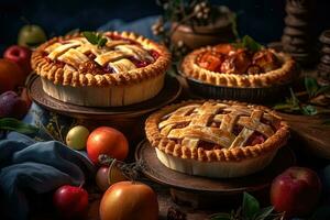 Fresh baked cherry pies and apple pie among several delicious fruits photo