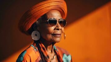 Portrait of a serious elderly african american woman in sunglasses and a hat against the orange wall background photo