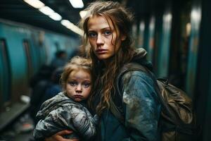 Poor homeless woman and daughter in dirty clothes with backpack in a subway station photo