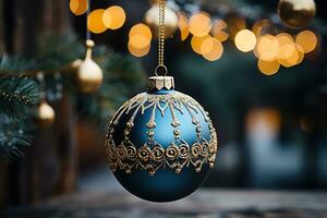 bonito y brillante Navidad decoracion pelota en un difuminar bokeh antecedentes foto