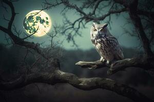 búho se sienta en un árbol rama a noche el lleno Luna foto