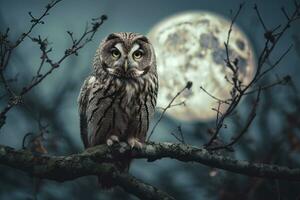 closeup owl sits on a tree branch at night the full moon photo