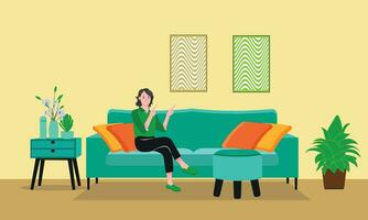 Living room interior. Comfortable sofa, and house plants. Vector flat illustration.