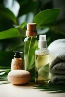 Green leaves with natural skin care products - Eco-friendly beauty photo