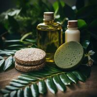 Green leaves with natural skin care products - Eco-friendly beauty photo