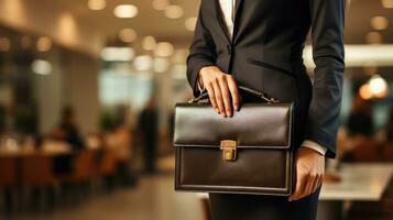 Woman holding briefcase and standing confidently photo