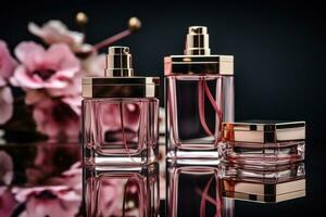 Rosa oro cosmético botellas y frascos - lujo belleza productos foto