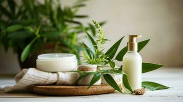 Green leaves with natural skin care products - Eco-friendly beauty photo