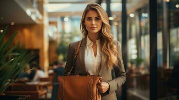 Woman holding briefcase and standing confidently photo
