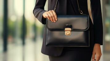 Woman holding briefcase and standing confidently photo