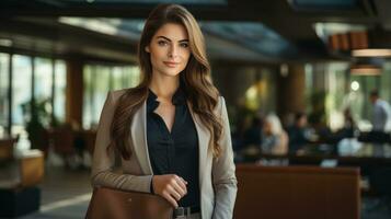 Woman holding briefcase and standing confidently photo