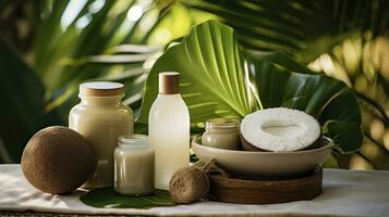 Green leaves with natural skin care products - Eco-friendly beauty photo